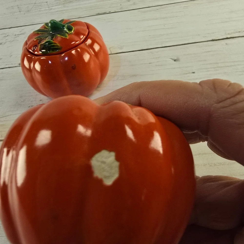 Vintage Ceramic Pumpkin Tomato Salt Pepper Shakers and Lidded Jam Pot Set Orange